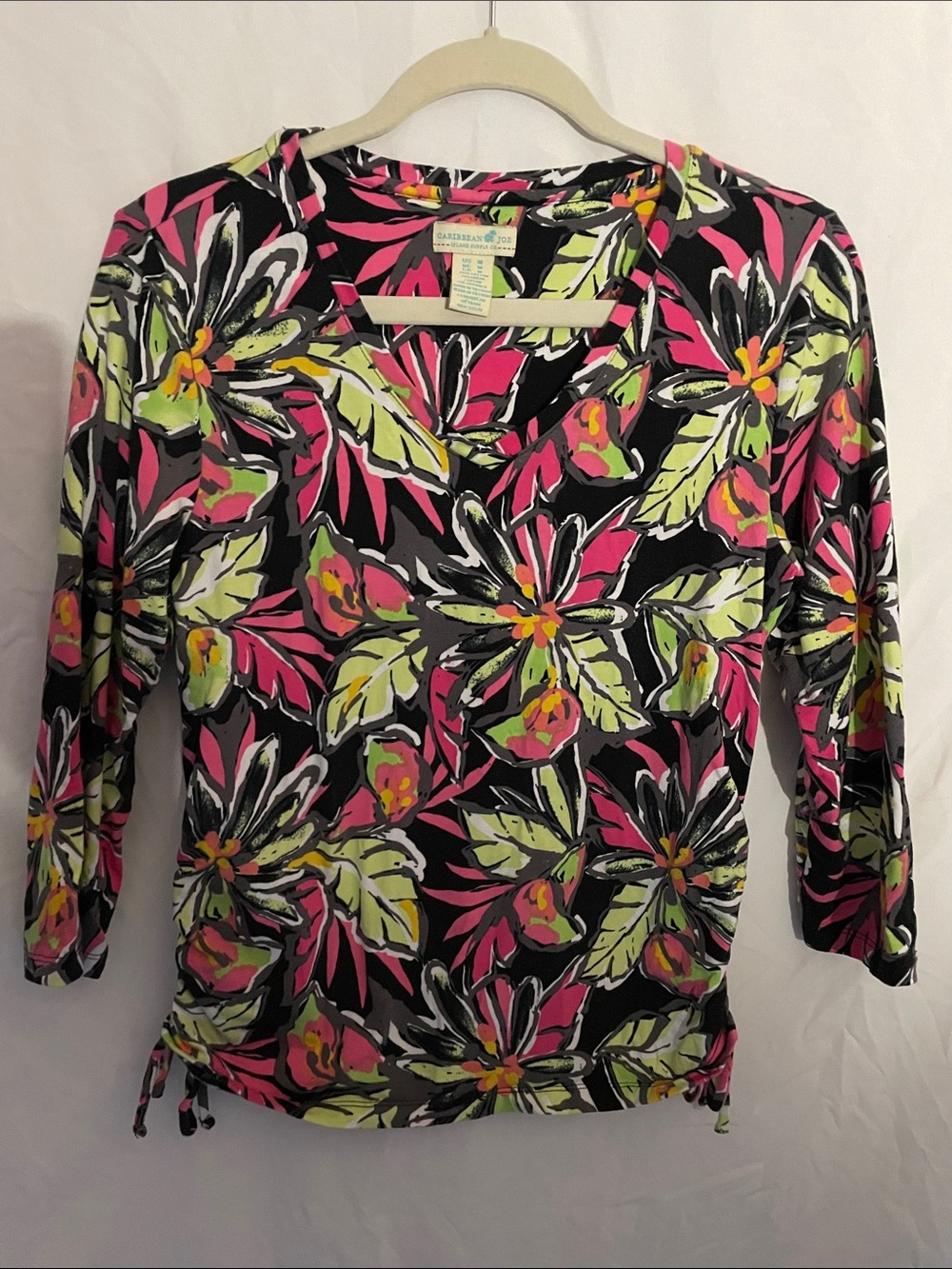 Caribbean Joe Black Floral 3/4 Length Sleeve V-Neck Top with Pink & Lime